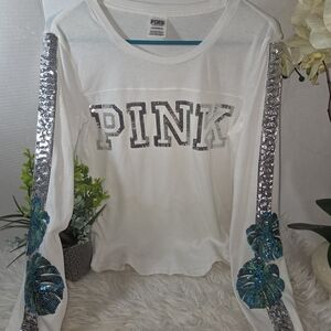 PINK Victoria's Secret White Sequin Long Sleeve Top. Size XS